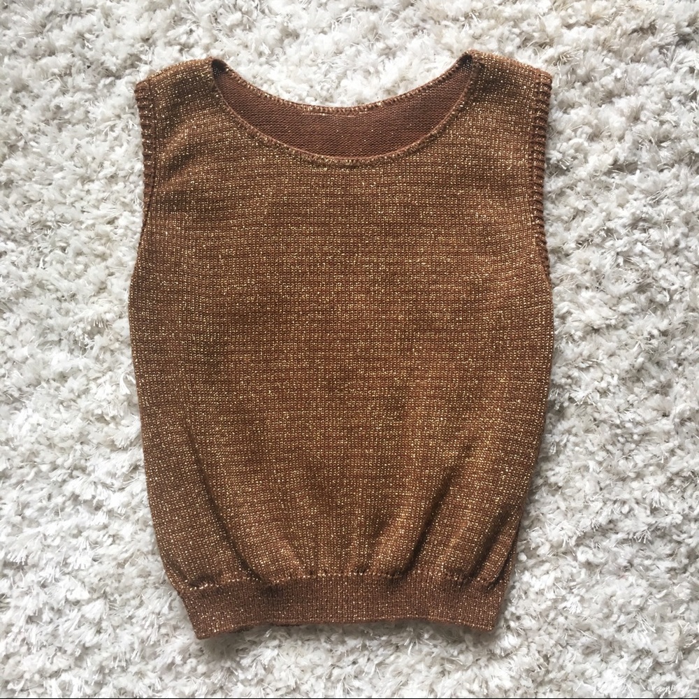 Copper Metallic Sleeveless Crop Pullover Sweater